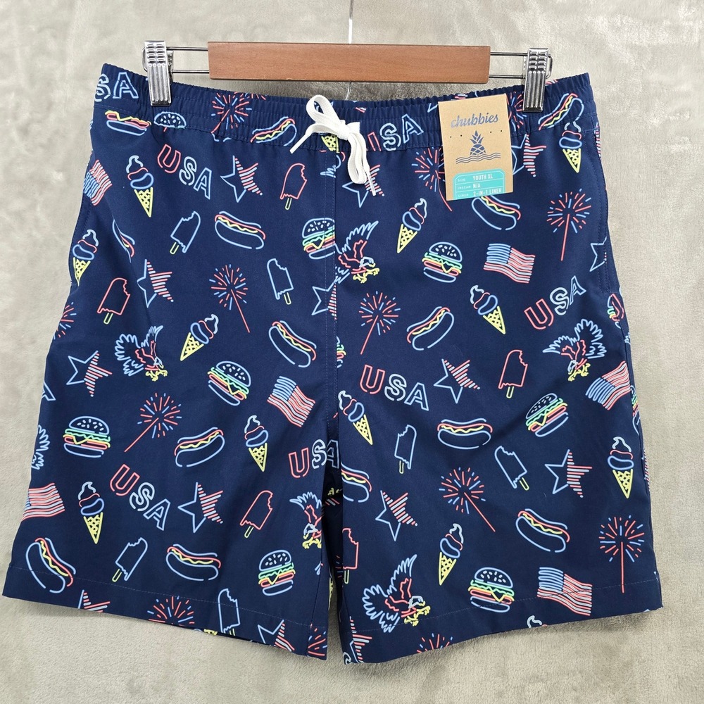Chubbies The Americanas Swim Trunks Kids Youth XL 18/20 Blue Neon USA Graphic